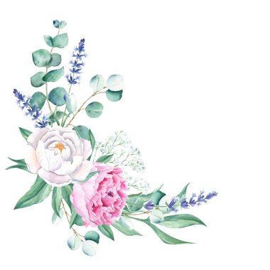 Watercolor bouquet, corner, white and pink peonies, lavender, gypsophila, eucalyptus. Hand painted illustration isolated on white background. Can be used for greeting cards, wedding invitations, save