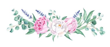 Watercolor garland peony bouquet isolated on white background. White and pink peonies, lavender, eucalyptus. Hand drawn botanical illustration. Can be used for wedding, birthday, greeting cards design