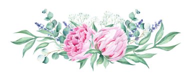Watercolor horizontal bouquet, pink peonies, lavender, gypsophila, eucalyptus. Hand painted illustration isolated on white background. Can be used for greeting cards, wedding invitations, save the