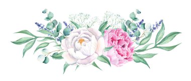 Watercolor horizontal bouquet, white and pink peonies, lavender, gypsophila, eucalyptus. Hand painted illustration isolated on white background. Can be used for greeting cards, wedding invitations