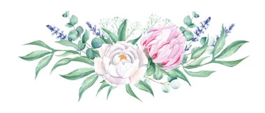 Watercolor horizontal bouquet, white and pink peonies, lavender, gypsophila, eucalyptus. Hand painted illustration isolated on white background. Can be used for greeting cards, wedding invitations