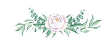 Watercolor white peony and eucalyptus garland isolated on white background. Hand drawn botanical illustration. Can be used for wedding, birthday, save the date, greeting cards design