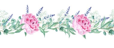 Horizontal watercolor floral seamless border pattern. Pink peonies, eucalyptus, lavender, gypsophila. Hand drawn botanical illustration. Can be used for fabric, packaging prints, frames, adhesive tape