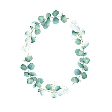Watercolor floral wreath, frame, eucalyptus and gypsophila branches. Hand drawn botanical illustration. Can be used for logo design, wedding stationary, birthday, anniversary, baby shower cards