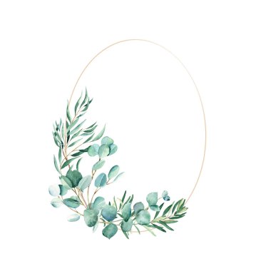 Watercolor floral wreath, frame, eucalyptus, pistachio, olive branches. Hand drawn botanical illustration. Can be used for logo design, wedding stationary, birthday, anniversary, baby shower cards