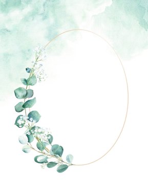 Floral background card. Rustic wedding invitation template with oval frame, eucalyptus and gypsophila branches, green watercolor splashes. For save the date, greeting, baby shower cards and cover