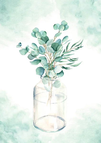 Eucalyptus branches in vase, bottle, jar, green watercolor splashes. Watercolor hand drawn botanical illustration. Eco minimalistic style for greeting card, poster