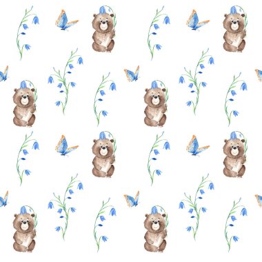 Sevimli ayı, mavi çan ve kelebek desenli kusursuz bir desen. Beyaz arka planda suluboya el çizimi. Çocuklar için ideal duvar kağıdı, ambalaj kağıdı, kumaş ve tekstil tasarımı.