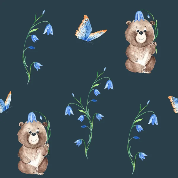 Padrão Sem Costura Com Urso Bonito Sinos Azuis Borboleta Ilustração — Fotografia de Stock
