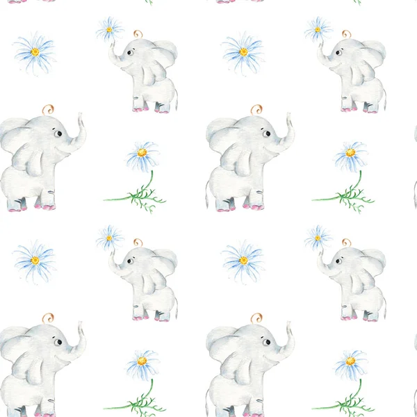 Seamless pattern with cute elephant, camomile flowers. Watercolor hand drawn illustration on white background. Ideal for kids wallpaper, wrapping paper, fabric and textile design.