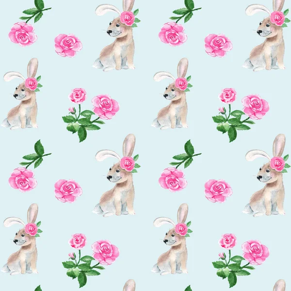 Stock image Seamless pattern with cute rabbit, bunny, rose flowers. Watercolor hand drawn illustration on blue background. Ideal for kids wallpaper, wrapping paper, fabric and textile design.