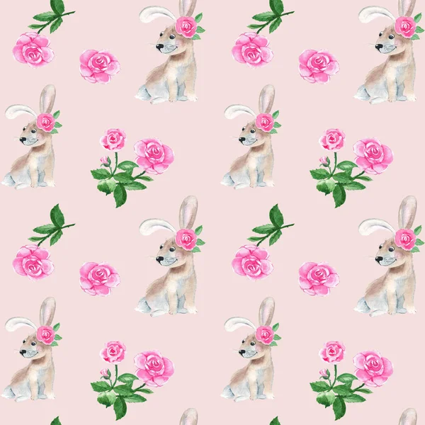Seamless pattern with cute rabbit, bunny, rose flowers. Watercolor hand drawn illustration on pink background. Ideal for kids wallpaper, wrapping paper, fabric and textile design.