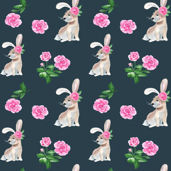 stock image Seamless pattern with cute rabbit, bunny, rose flowers. Watercolor hand drawn illustration on dark blue background. Ideal for kids wallpaper, wrapping paper, fabric and textile design.