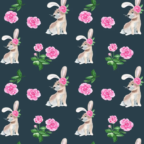 Seamless pattern with cute rabbit, bunny, rose flowers. Watercolor hand drawn illustration on dark blue background. Ideal for kids wallpaper, wrapping paper, fabric and textile design.