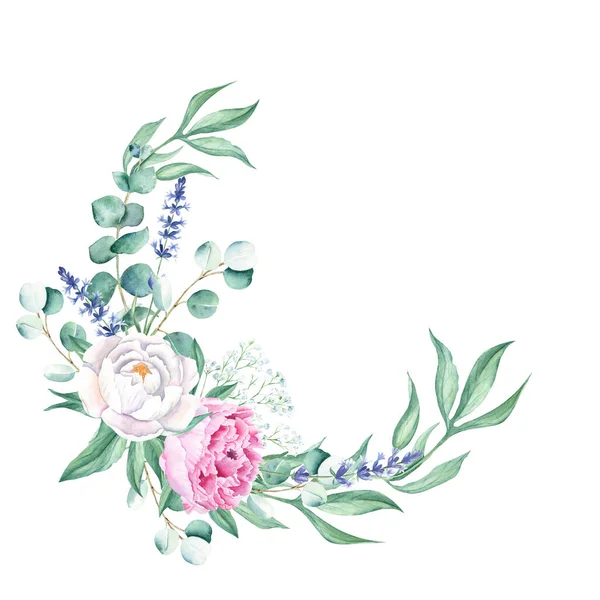 Watercolor Peonies Eucalyptus Lavender Gypsophila Branches Wreath Isolated White Background — Stock Photo, Image