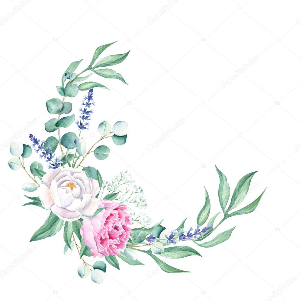 Watercolor peonies, eucalyptus, lavender and gypsophila branches wreath isolated on white background. Hand drawn botanical illustration. For wedding invitations, save the date, greeting card, logos
