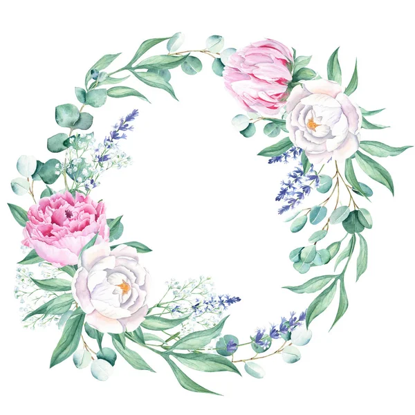 Watercolor Peonies Eucalyptus Lavender Gypsophila Branches Wreath Frame Isolated White — Stock Photo, Image