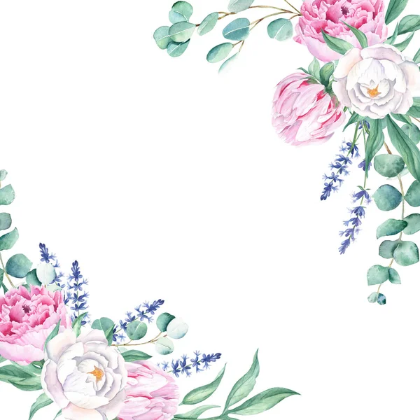 Cornice Acquerello Peonie Rosa Bianche Rami Eucalipto Lavanda Illustrazione Botanica — Foto Stock