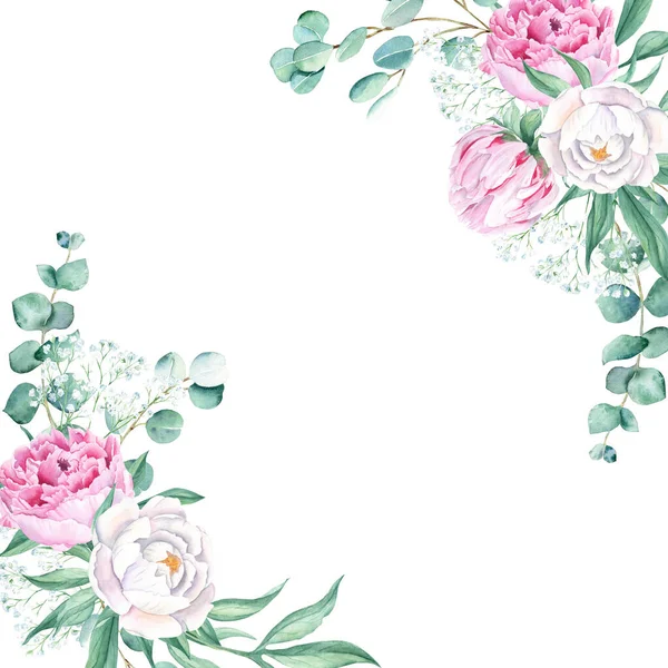 Watercolor Frame Pink White Peonies Eucalyptus Gypsophila Branches Hand Drawn — Stock Photo, Image