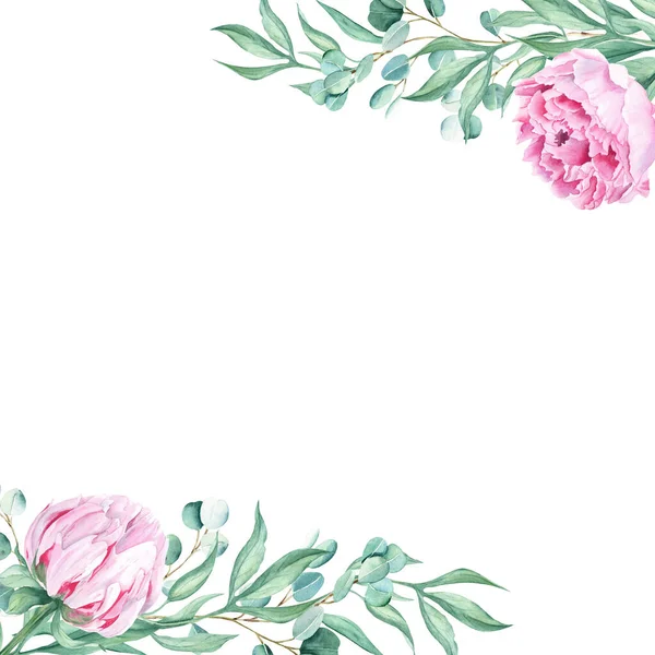 Cornice Acquerello Peonie Rosa Rami Eucalipto Illustrazione Botanica Disegnata Mano — Foto Stock