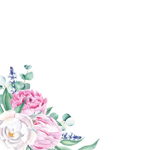 水彩画 ピンクと白の牡丹 ユーカリやラベンダーの枝 白地に描かれた手描きの植物イラスト 文房具 招待状 日付を保存するための理想的な結婚式 — ストック写真