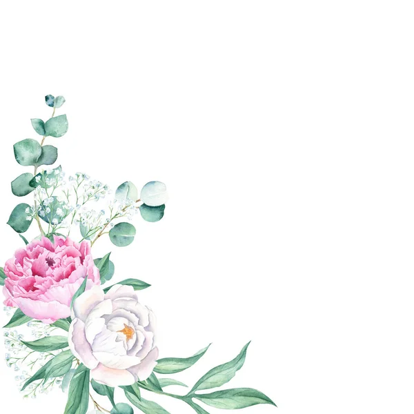 水彩画枠 ピンクと白の牡丹 ユーカリやジプシーの枝 白地に描かれた手描きの植物イラスト 文房具 招待状 日付を保存するための理想的な結婚式 — ストック写真