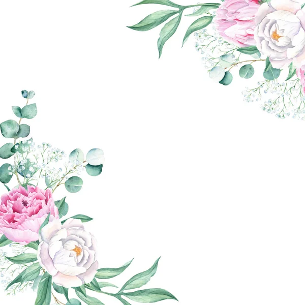 Cornice Acquerello Peonie Rosa Bianche Rami Eucalipto Gypsophila Illustrazione Botanica — Foto Stock