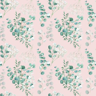 Pembe arka planda okaliptüs, çingene ve şam fıstığı dallı kusursuz suluboya deseni. Düğün baskıları, hediye ambalaj kağıdı, mutfak tekstili ve kumaş baskıları için kullanılabilir.