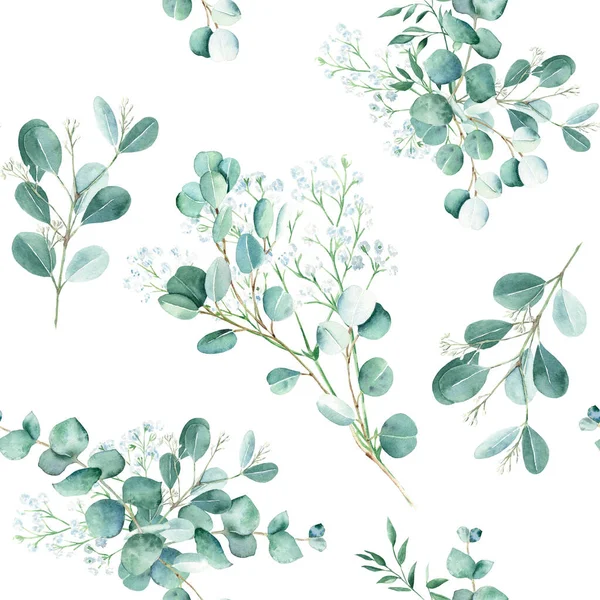 Bezešvé Akvarel Vzor Eukalyptem Gypsophila Větve Bílém Pozadí Lze Použít — Stock fotografie