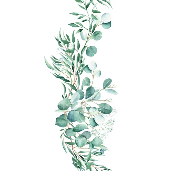 Pionowy Akwarela Kwiatowy Bezszwowy Obramowanie Wzór Gałęzie Eukaliptusa Cyganerii Pistacji — Zdjęcie stockowe