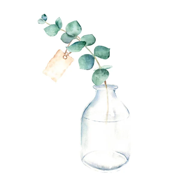 Cabang Eucalyptus Dengan Tag Kertas Vintage Vas Botol Toples Biru — Stok Foto