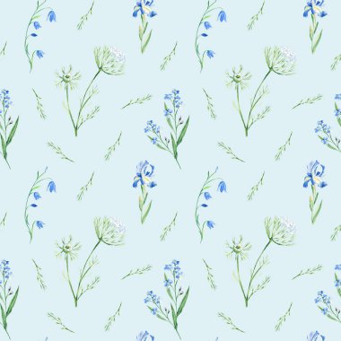 BlueBell 'li kusursuz suluboya deseni, unutma beni Iris, mavi arka planda Kraliçe Annes danteli. Kumaş baskıları, hediye ambalaj kağıdı, mutfak tekstili için kullanılabilir..