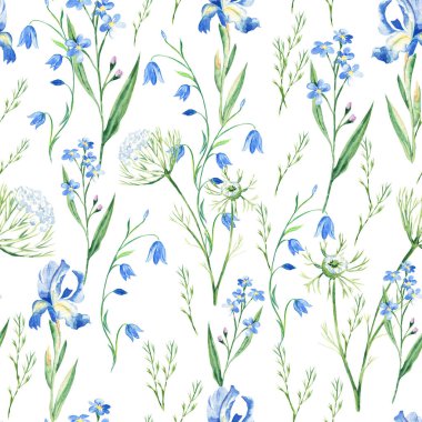 Yabani çiçekli kusursuz suluboya deseni BlueBell, unutma beni Iris, beyaz arka planda Queen Annes danteli. Kumaş baskıları, hediye ambalaj kağıdı, mutfak tekstili için kullanılabilir.