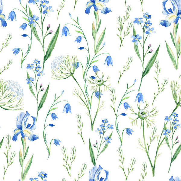 Seamless watercolor pattern with wildflowers bluebell, forget-me-not, iris, Queen Annes lace on white background. Can be used for fabric prints, gift wrapping paper, kitchen textile