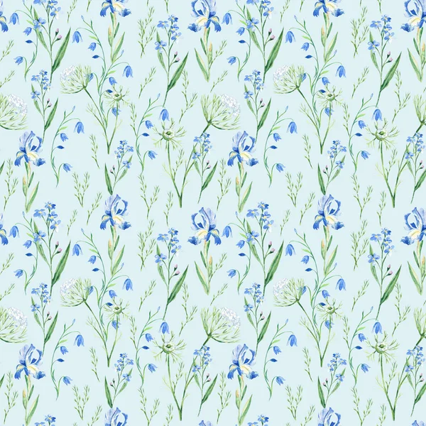 Nahtloses Aquarellmuster Mit Wildblumen Blauglocke Vergissmeinnicht Iris Königin Annes Spitze — Stockfoto