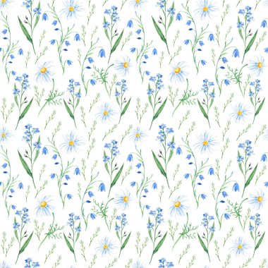 Yabani çiçekli kusursuz suluboya deseni BlueBell, unutma beni, beyaz arka planda papatya. Kumaş baskıları, hediye ambalaj kağıdı, mutfak tekstili için kullanılabilir.