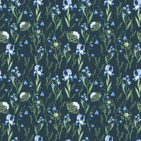 Seamless Watercolor Pattern Wildflowers Bluebell Forget Iris Queen Annes Lace — Stock Photo, Image