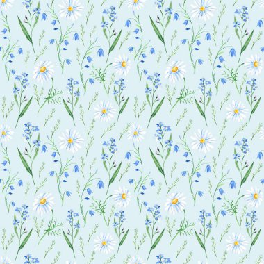 Yabani çiçekli kusursuz suluboya deseni BlueBell, unutma beni, mavi arka planda papatya. Kumaş baskıları, hediye ambalaj kağıdı, mutfak tekstili için kullanılabilir.