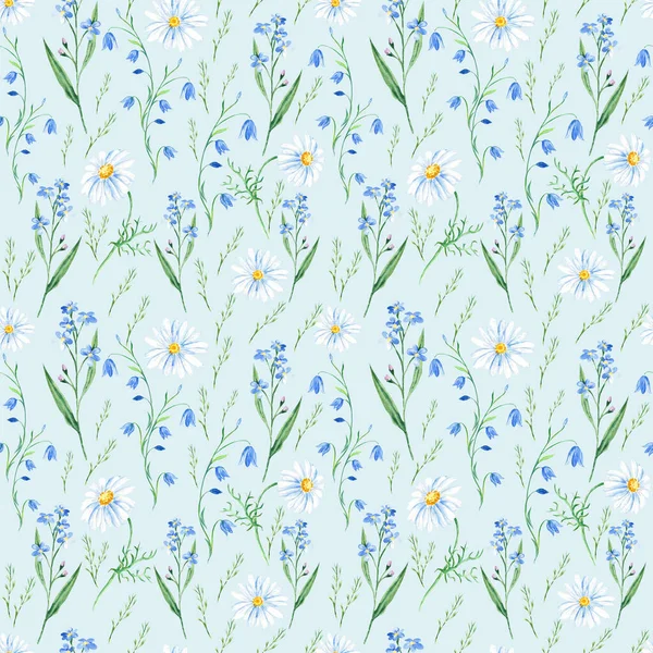 Seamless Watercolor Pattern Wildflowers Bluebell Forget Camomile Blue Background Can — Stock Photo, Image