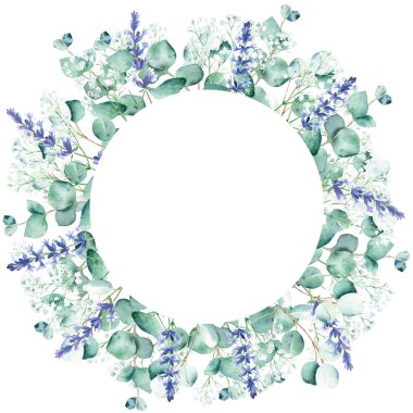Beyaz arkaplanda suluboya okaliptüs, lavanta ve kipila dalları izole edilmiş daire çerçevesi. El çizimi botanik çizimi. Düğün davetiyeleri için tarihi, tebrik kartını, logoları ayırın.