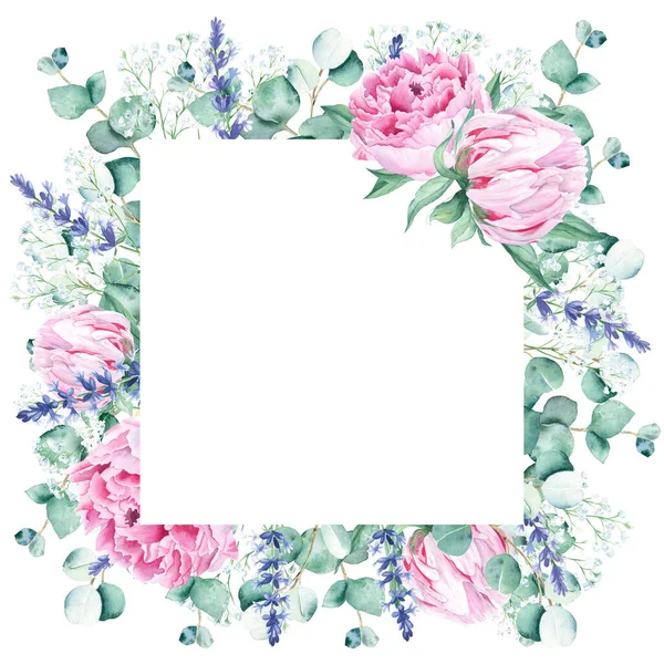 Watercolor Square Frame Pink Peonies Eucalyptus Gypsophila Lavender Branches Hand — Stock Photo, Image