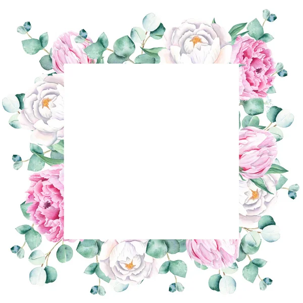 Watercolor Square Frame Pink White Peonies Eucalyptus Branches Hand Drawn — Stock Photo, Image