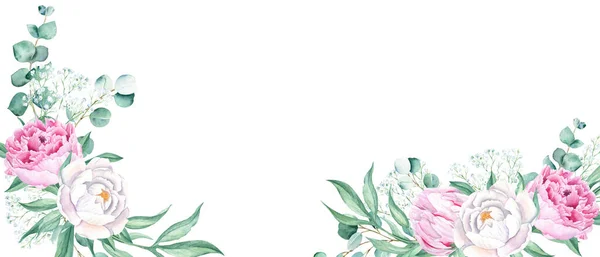 Virágos Akvarell Banner Design Keret Rózsaszín Fehér Bazsarózsa Eukaliptusz Cigány — Stock Fotó
