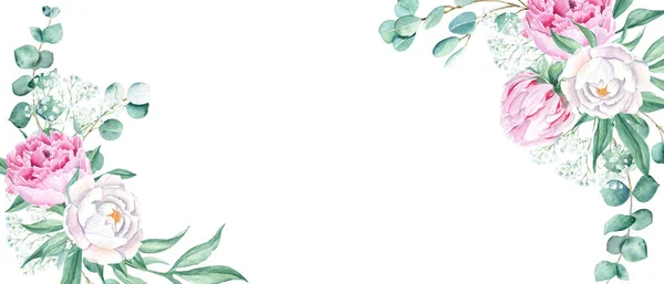 Çiçekli Suluboya Pankart Tasarım Çerçevesi Pembe Beyaz Şakayıklar Okaliptüs Çingene — Stok fotoğraf