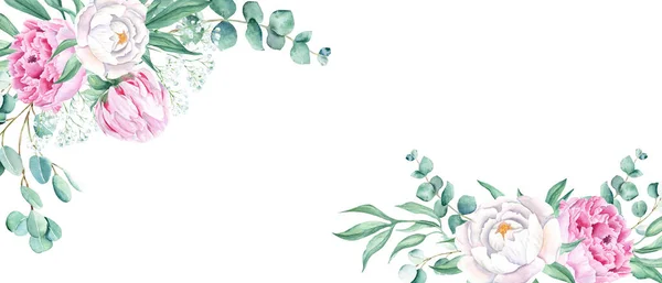 Квітковий Акварельний Банер Дизайнерська Рамка Рожеві Білі Півонії Евкаліптові Гіпсофільні — стокове фото