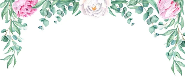 Floral watercolor banner, design frame. Pink and white peonies, eucalyptus branches. Hand drawn botanical illustration isolated on white background. Can be used for cards, wedding invitations, banners