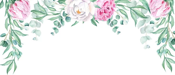 Floral watercolor banner, design frame. Pink and white peonies, eucalyptus branches. Hand drawn botanical illustration isolated on white background. Can be used for cards, wedding invitations, banners