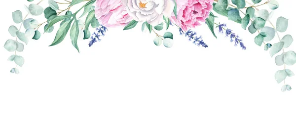 Çiçekli Suluboya Pankart Tasarım Çerçevesi Pembe Beyaz Şakayıklar Okaliptüs Lavanta — Stok fotoğraf