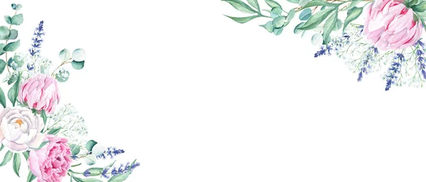 Virágos Akvarell Banner Design Keret Rózsaszín Fehér Bazsarózsa Eukaliptusz Levendula — Stock Fotó