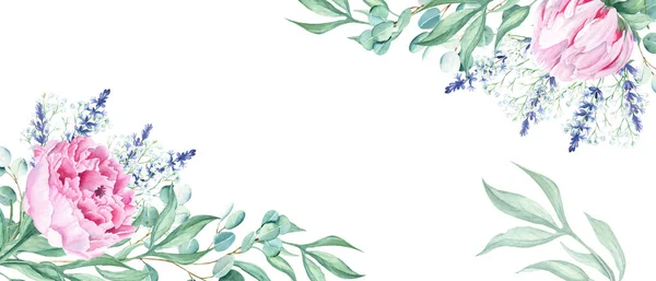 Virágos Akvarell Banner Design Keret Rózsaszín Bazsarózsa Eukaliptusz Levendula Ágak — Stock Fotó